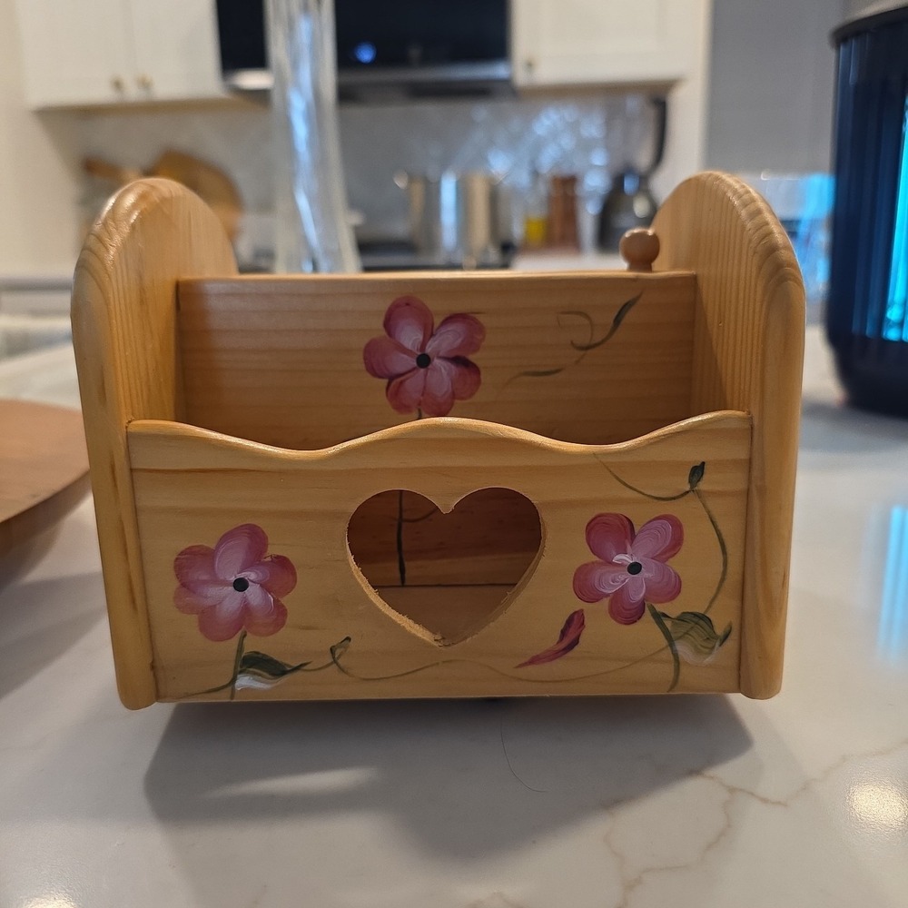 Vtg Wooden Desk Holder Organizer Painted Flowers Cut Out 🩷 3 Slots Cottagecore